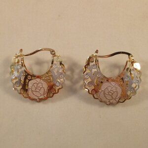 18K Yellow Gold Filled Bohemian 3 Color Tapered Carved Triangle Hoop Earrings